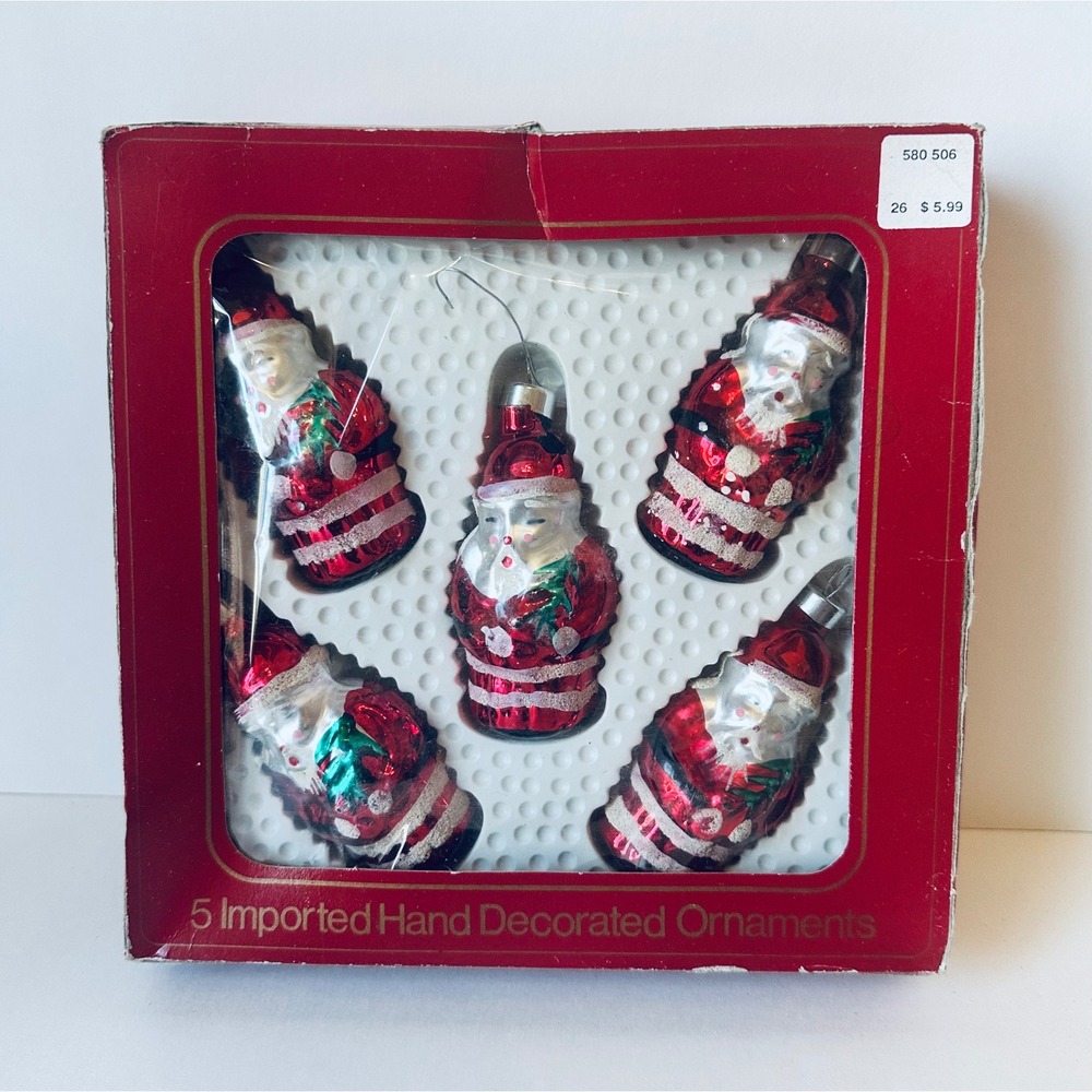 Vintage Bradford Glass Santa Ornaments Set of 5 Hand Decorated Red Silver